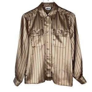 Vintage Leslie Fay 80s Gold Satin Vertical Black Stripe Button Down Blouse Top 6